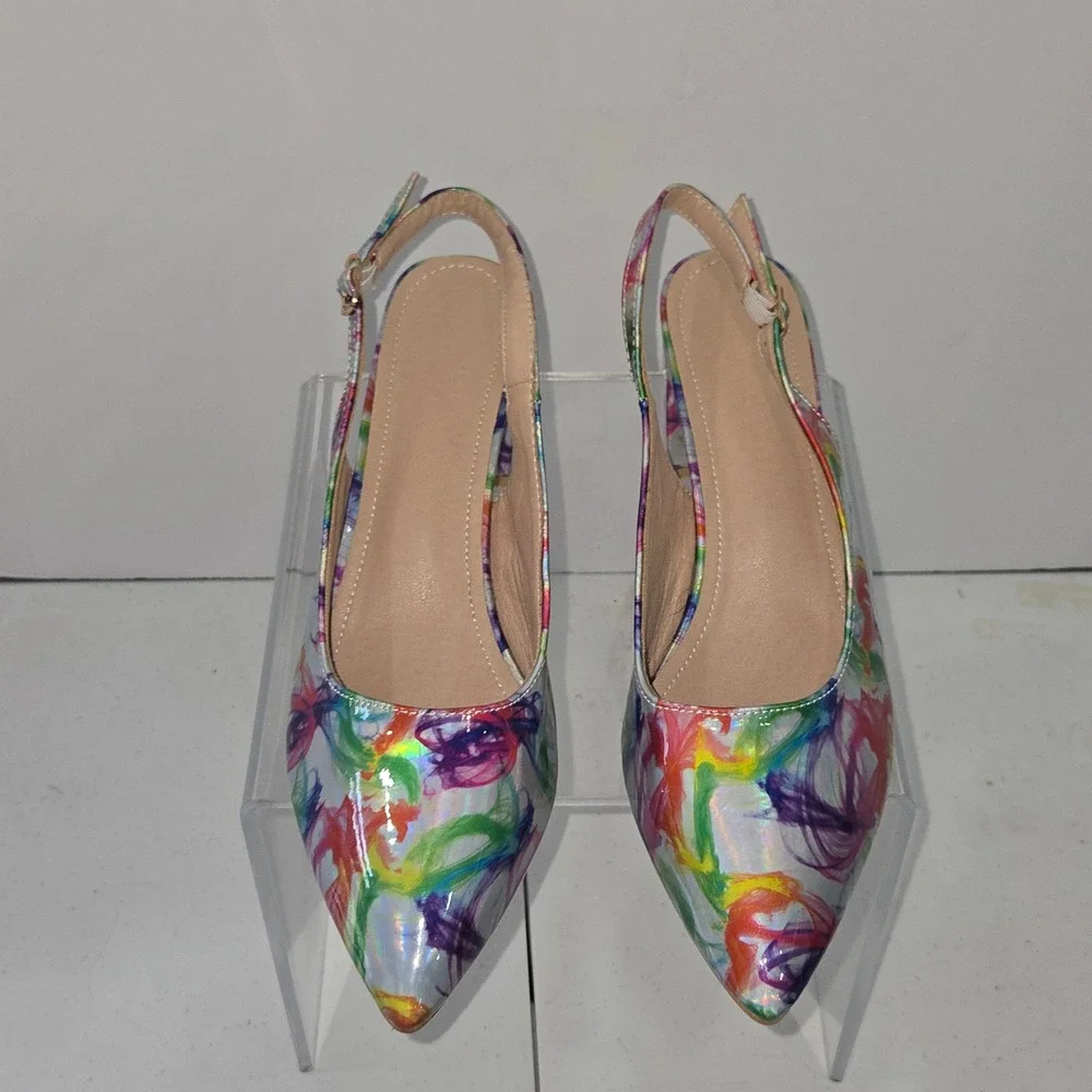 Multicolor Abstract Print Slingback Pumps Pointed Toe Block Heel Shoes Size 42